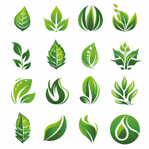 Examples of logos with green leaf motifs and eco-friendly colors, on clean white background
