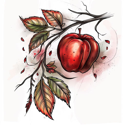 Serene tattoo sketch of an apple on a branch in green and red
