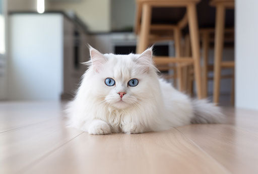 White fluffy cat lounging on kitchen wooden floor