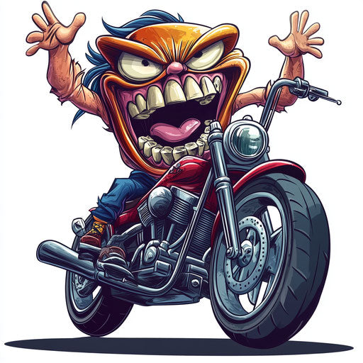 Humorous caricature of a motorcycle with human characteristics