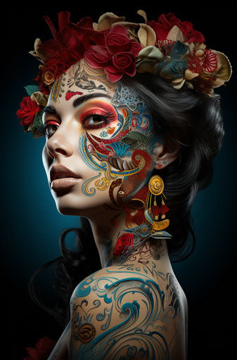 Paisley tattoo of a Mexican dancer in aggressive digital style