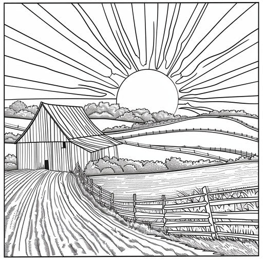 Sunrise over a peaceful countryside with a barn and fields