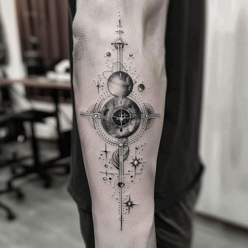 Surreal cross tattoo for men with celestial elements