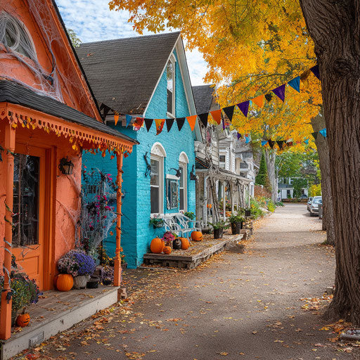 A charming street decorated for Halloween