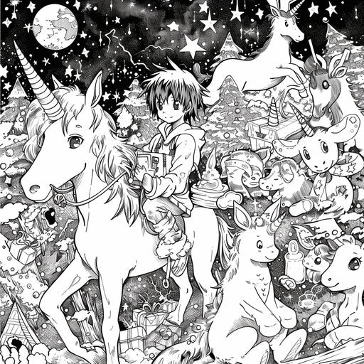 Intense Christmas unicorn anime adventure in the style of Mamoru Hosoda Coloring book page