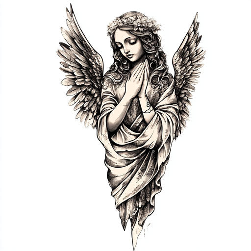 Flat tattoo sketch of a guardian angel with wings spread on pure white background