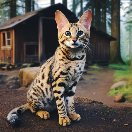 A serval sitting in front of a log cabin