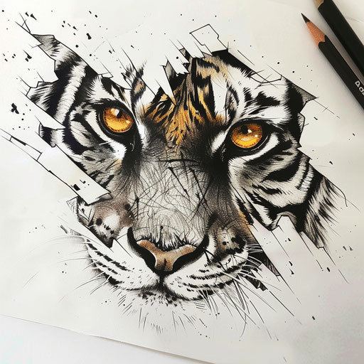 Industrial tattoo sketch in flat style, featuring tiger eyes with metallic silver and iron tones