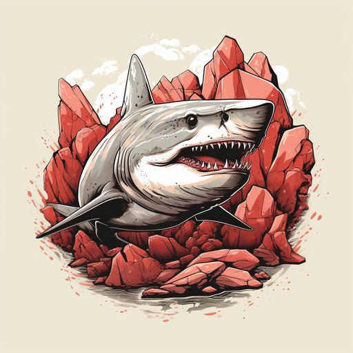 Shark and rocks isolated on grey sketch, light red and light beige style