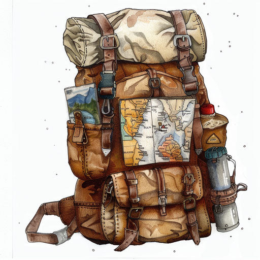 Flat tattoo sketch of a hiker's backpack equipped for an epic trek