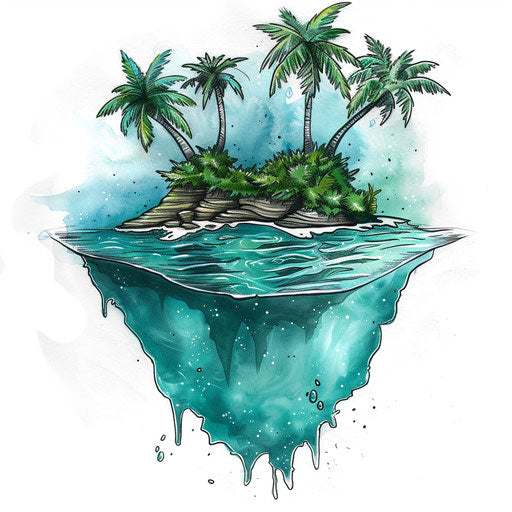 Jungle island surrounded by crystal clear water, cartoon style