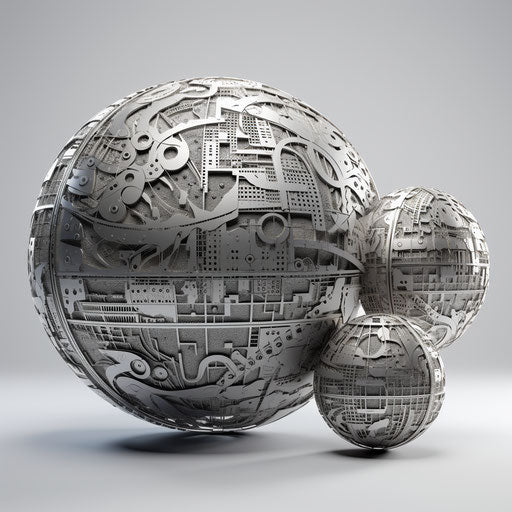 3 graphic globes on a grey triangular planet