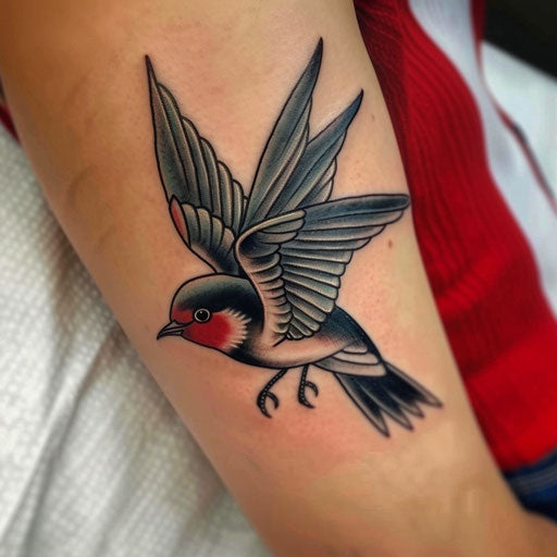 Gothic style swallow tattoo, dark themes and colors, highlighted on bright white background
