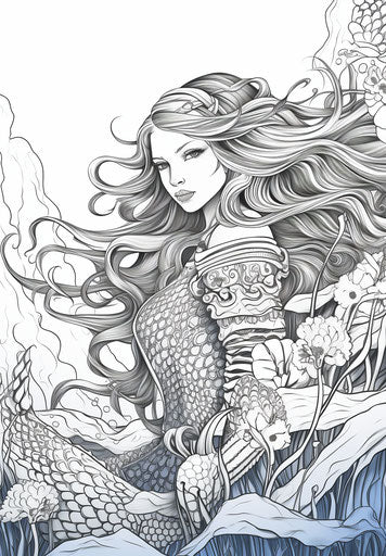 Mermaid on the Rock Coloring Page, Exotic Realism Style