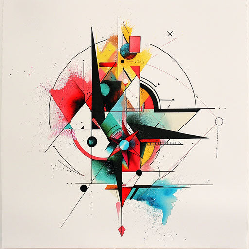 Contemporary geometric tattoo art with abstract expressionist influences, vibrant and colorful, on a white canvas