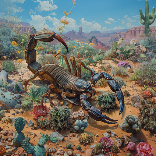 Scorpion surrounded by desert flora in the style of Paul Souders