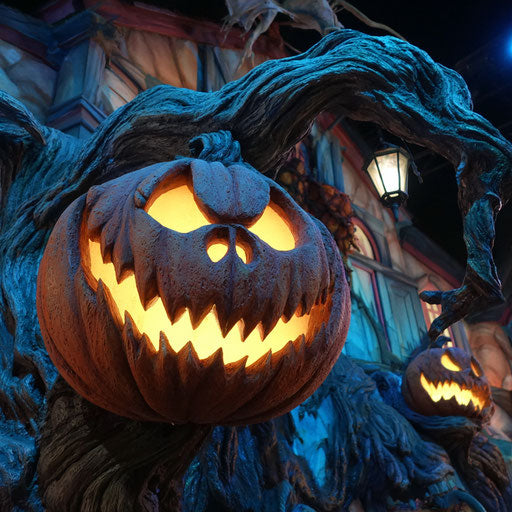 Grinning pumpkin radiating warm, eerie charm