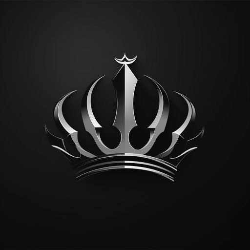 Silver and black crown logo on minimalist background