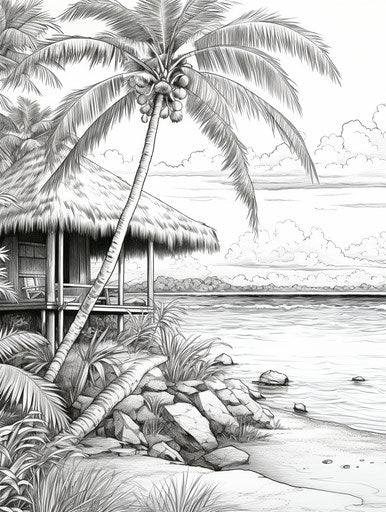 Tropical scene with palm trees and umbrella - realistic detail