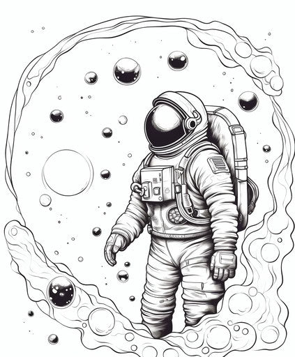 astronaut in space, framed by bubbles on white background, clean ink, detailed monochrome, impressive skies