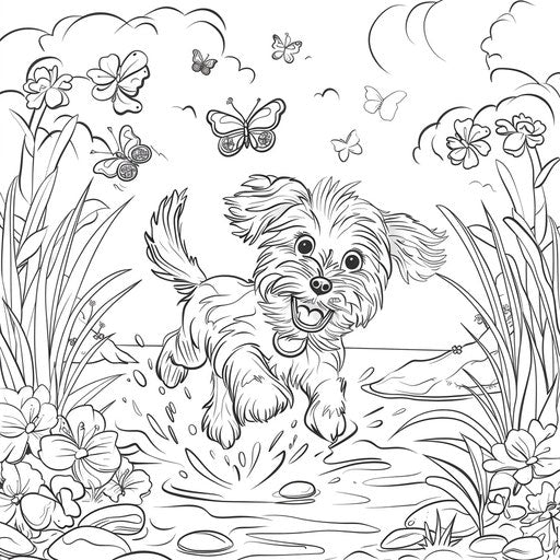 A playful puppy chasing butterflies in a garden coloring book page