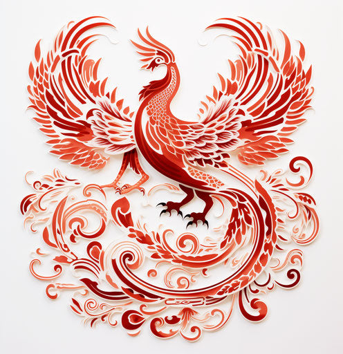 The flying phoenix in red Chinese ink