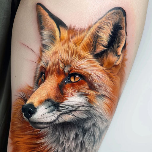 Realistic fox portrait tattoo with detailed fur texture