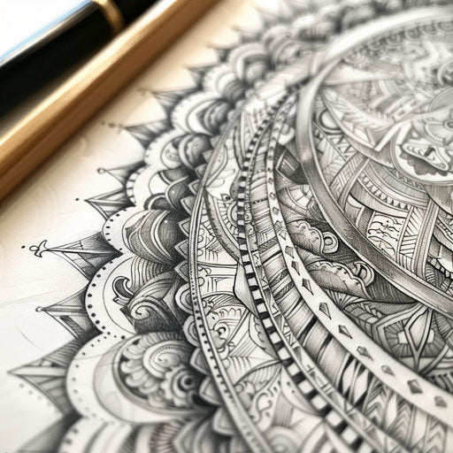 Detailed tattoo sketch of a Kalinga pattern with fine line work and subtle shading