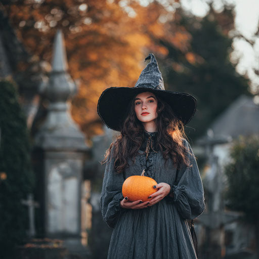 Witch in a Cemetery with a Jack-o'-Lantern