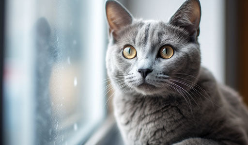 Gray cat looking through window, light indigo and light gold style