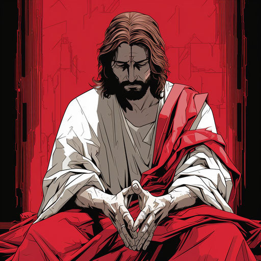 Jesus' hands on his lap, holding his cross and a large handkerchief, in the style of comic book-inspired minimalist line art, aries moross, silver and red, detailed portraits, zack snyder, confessional