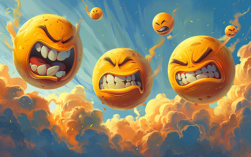 Angry smiling faces, misty style surprisingly absurd