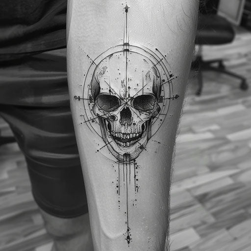Fine line skull tattoo in the style of Gerald Brom