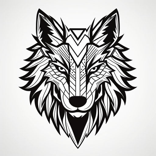 Geometric wolf head, minimal lines white and black