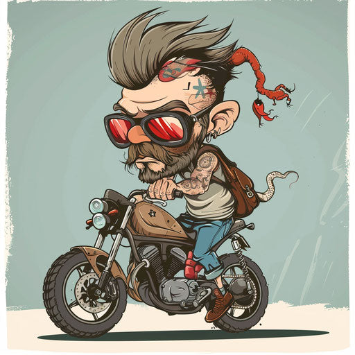 Cartoonish biker tattoo sketch with playful colors