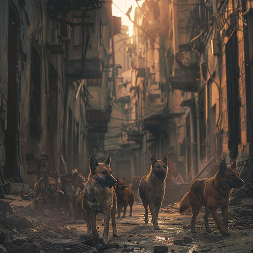 Pack of wild dogs wandering through deserted town