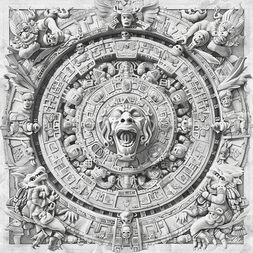 Mexican Aztec calendar tattoo design, detailed graphite sketch