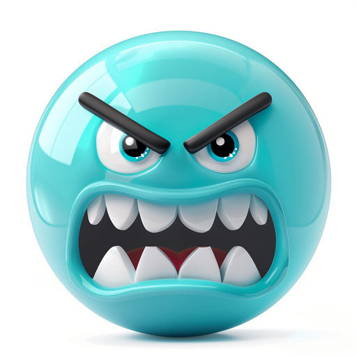 Angry emoji with fangs, clip art style, white background, turquoise