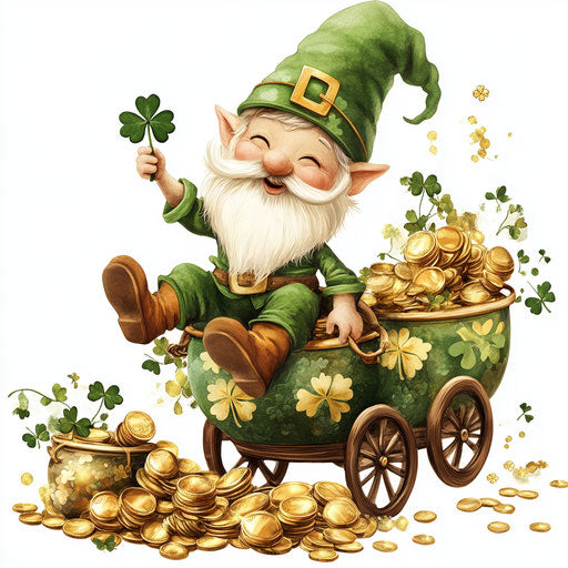 Lucky gnome on pot of gold with four-leaf clover