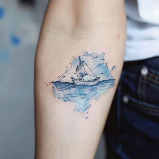 Chic minimalist tattoo sketch of a paper boat floating on a watercolor blue sea