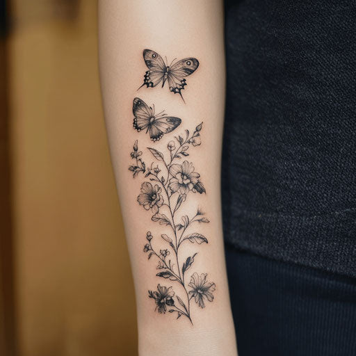 Delicate floral and butterfly tattoo on inner forearm