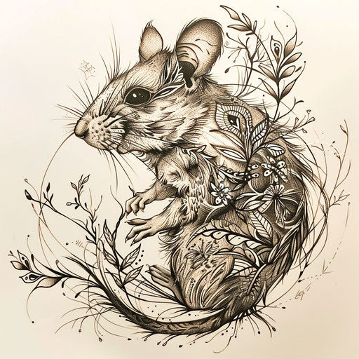 Serene tattoo sketch of a rat in a Zen tangle style