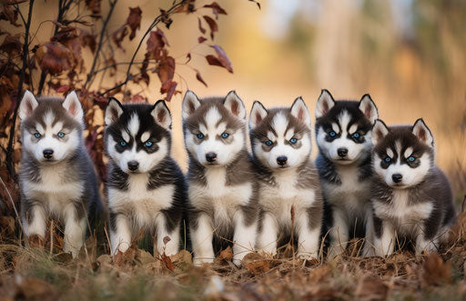 Siberian husky puppies in grass near trees