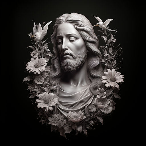 Black and white tattoo design with large head of jesus