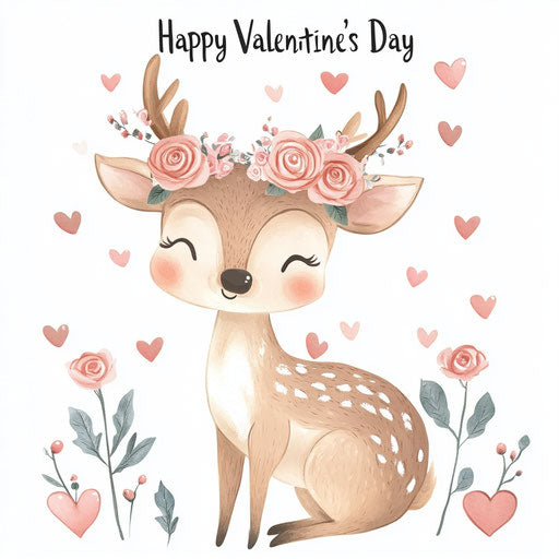 Adorable baby deer with pink roses, hearts, pastel colors