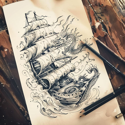 Exotic flat tattoo sketch of a boat with ornamental Asian dragon motifs