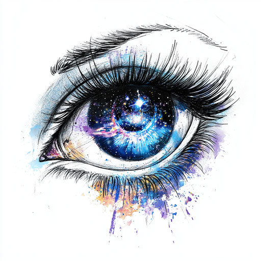 Galaxy eye tattoo on arm in flat clipart style sketch