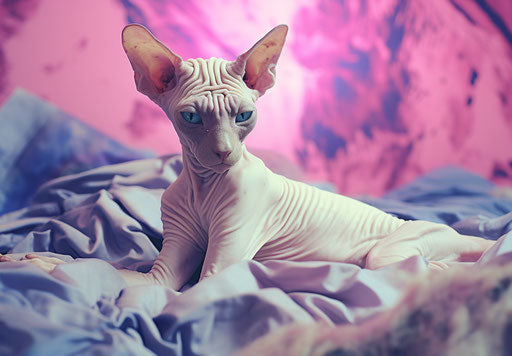 Sphynx cat on bed, explosive pigmentation style, primitivist frenzy, light purple and beige