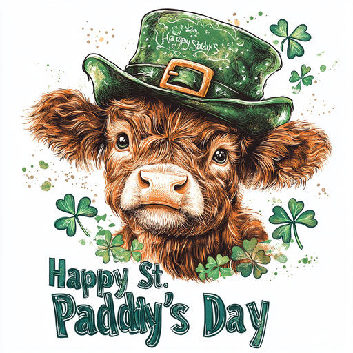 St. Paddy's Day design, baby Highland cow in green hat with shamrocks, 'Happy St. Paddy's Day' text, detailed illustration