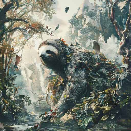 Giant sloth in a fantastical scene with surreal elements